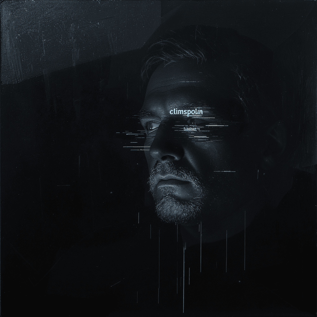 AI generated: n abstract painting of a 50 year old man, insomniac, watching TV at night. parts of the man's face i...