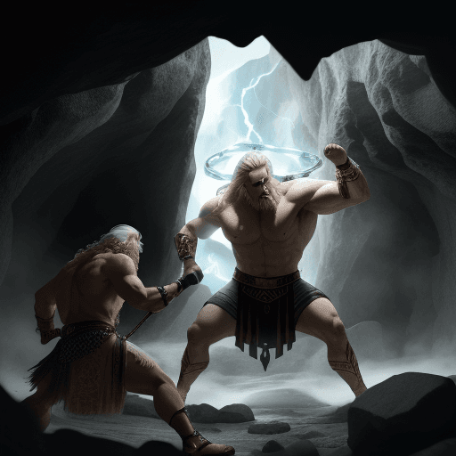 AI generated: Zeus fighting Odin inside the cave while their army fighting in the back 