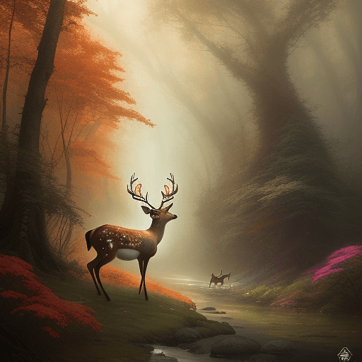 AI generated: Happy and excited deer, painting a beautiful landscape, with vibrant colors and intricate details, b...