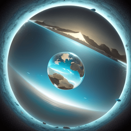 AI generated: Inverted earth globe with sky in middle, then ocean in middle,then earth on outside, dolphins with l...