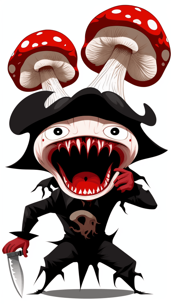 AI generated: vector horror art on the white background, a screaming crazy anthropomorphic evil mushroom with Knif...