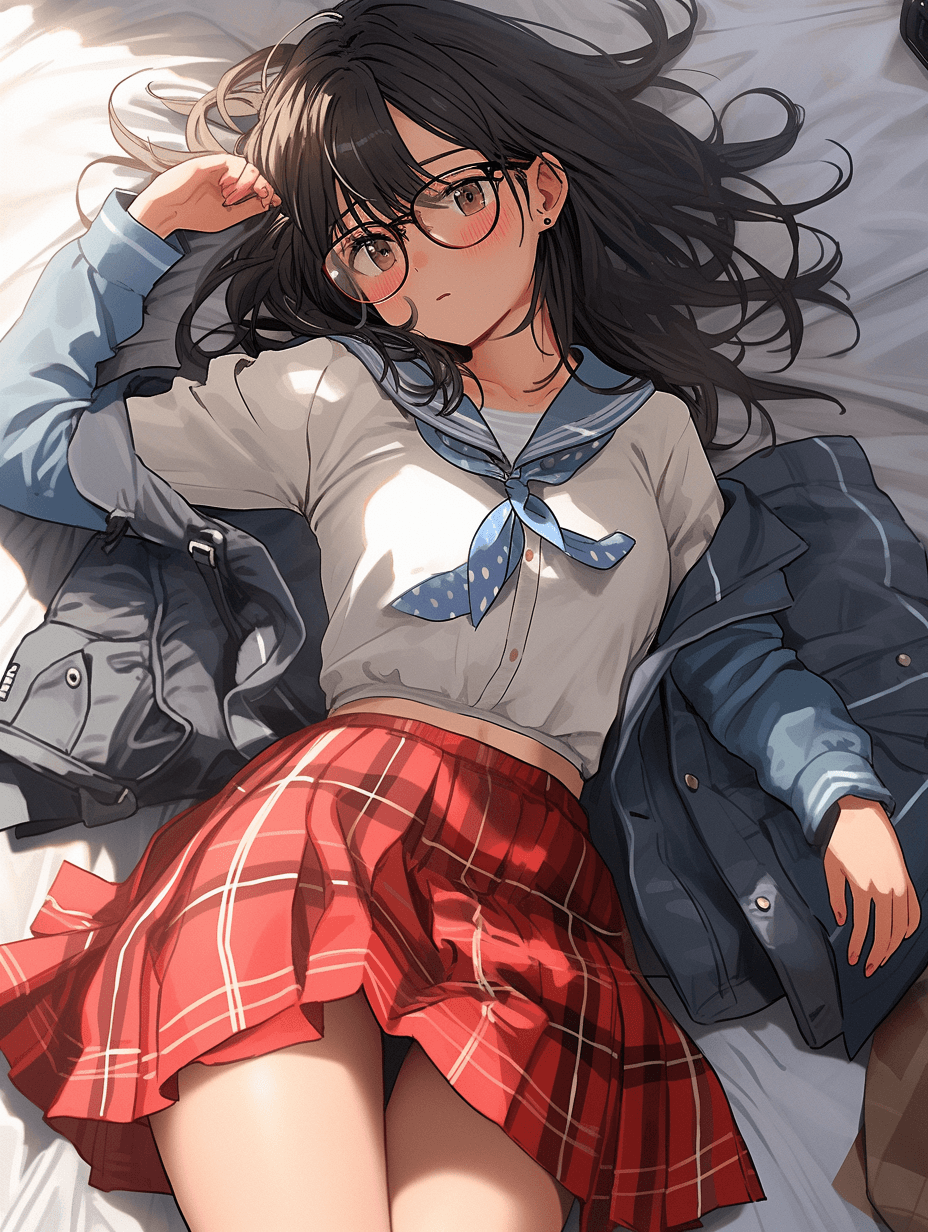 AI generated: girl lying on the bed, school outfit with short skirt, one shoulder open, black hair, surprised look...