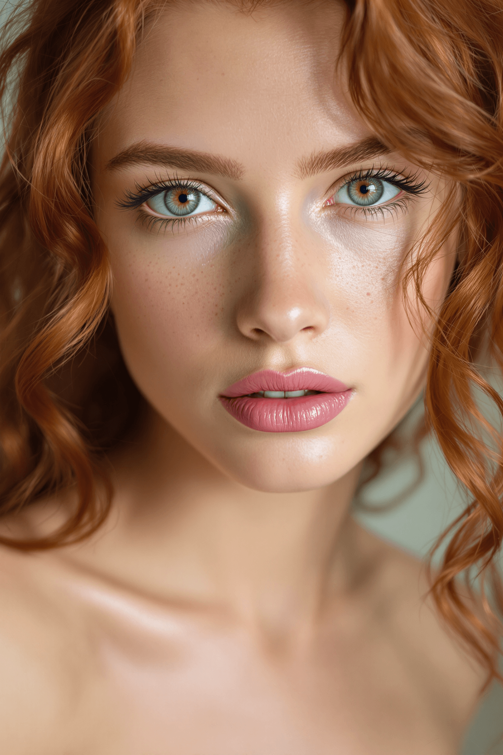 AI generated: portrait of a woman with green eyes,light freckles,and dark hair styled in loose tendrils. She has a...