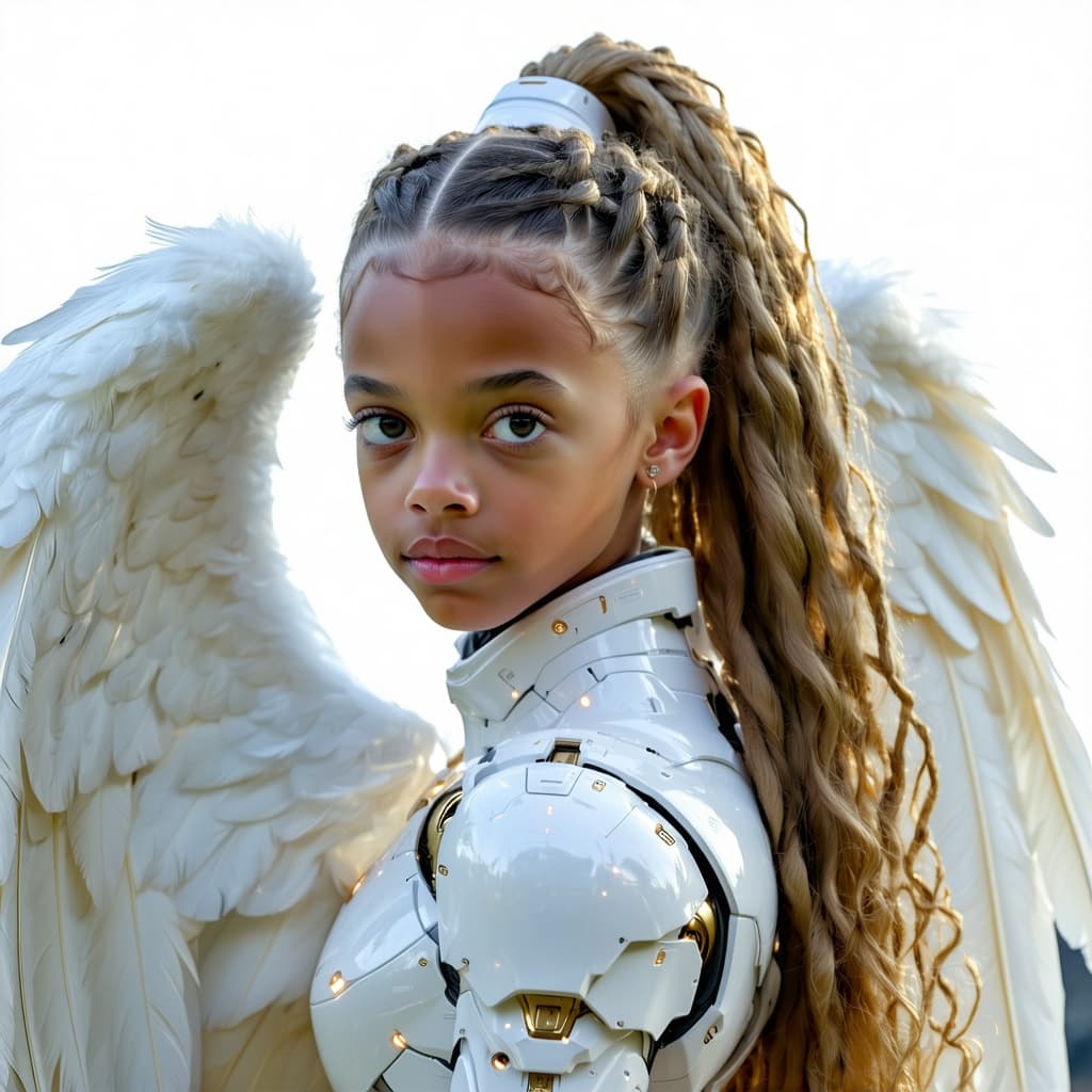 AI generated: a realistic photo of (age 15), (eleven year old), Freya Allan as a angel, highly detailed, futuristi...