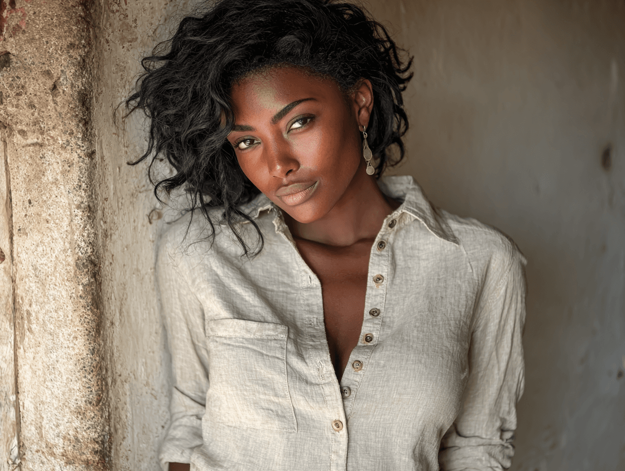 AI generated: Dark-skinned woman, 25-30 years old, with a beautiful, not voluminous shape, relaxed, and confident ...
