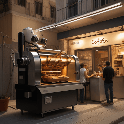 AI generated: High resolution photography, a bonobo roasting coffee, bonobo roaster, in Athens, Greece, take away ...