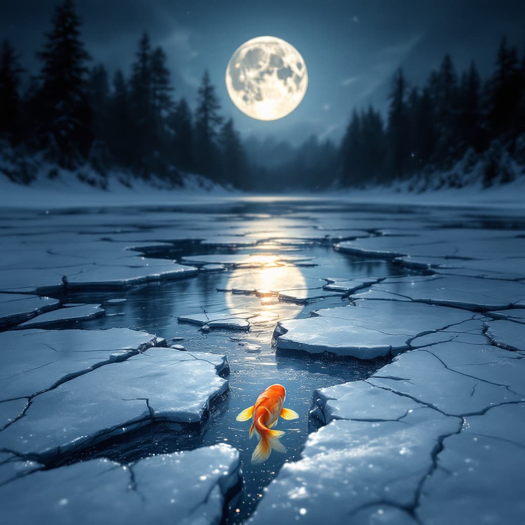 AI generated: looking down on highly reflective ice on lake minutely fractured showing the full moon in it's brill...