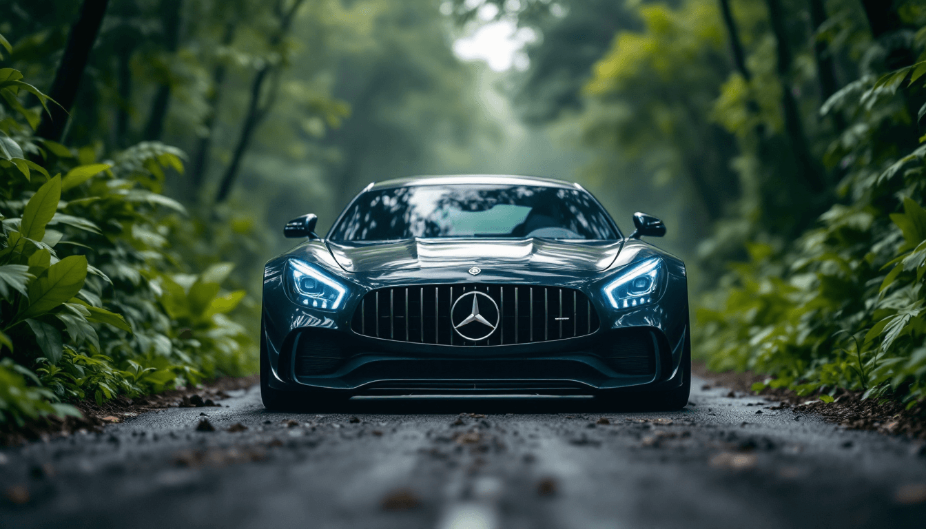AI generated: High automotive symmetrical close-up portrait shoot of a black mercedes-amg GT standing in the jungl...