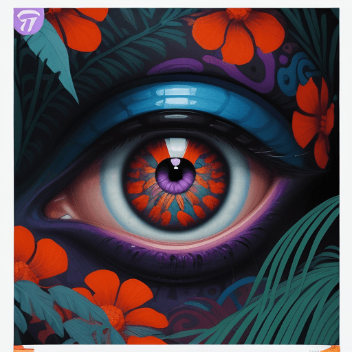 AI generated: a  painting of an eye with purple and orange flowers, in the style of james jean, mysterious jungle,...