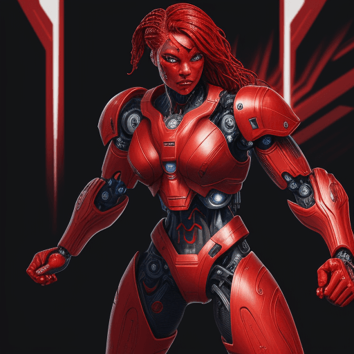AI generated: cyborg fighter in red colors, cyber warrior
