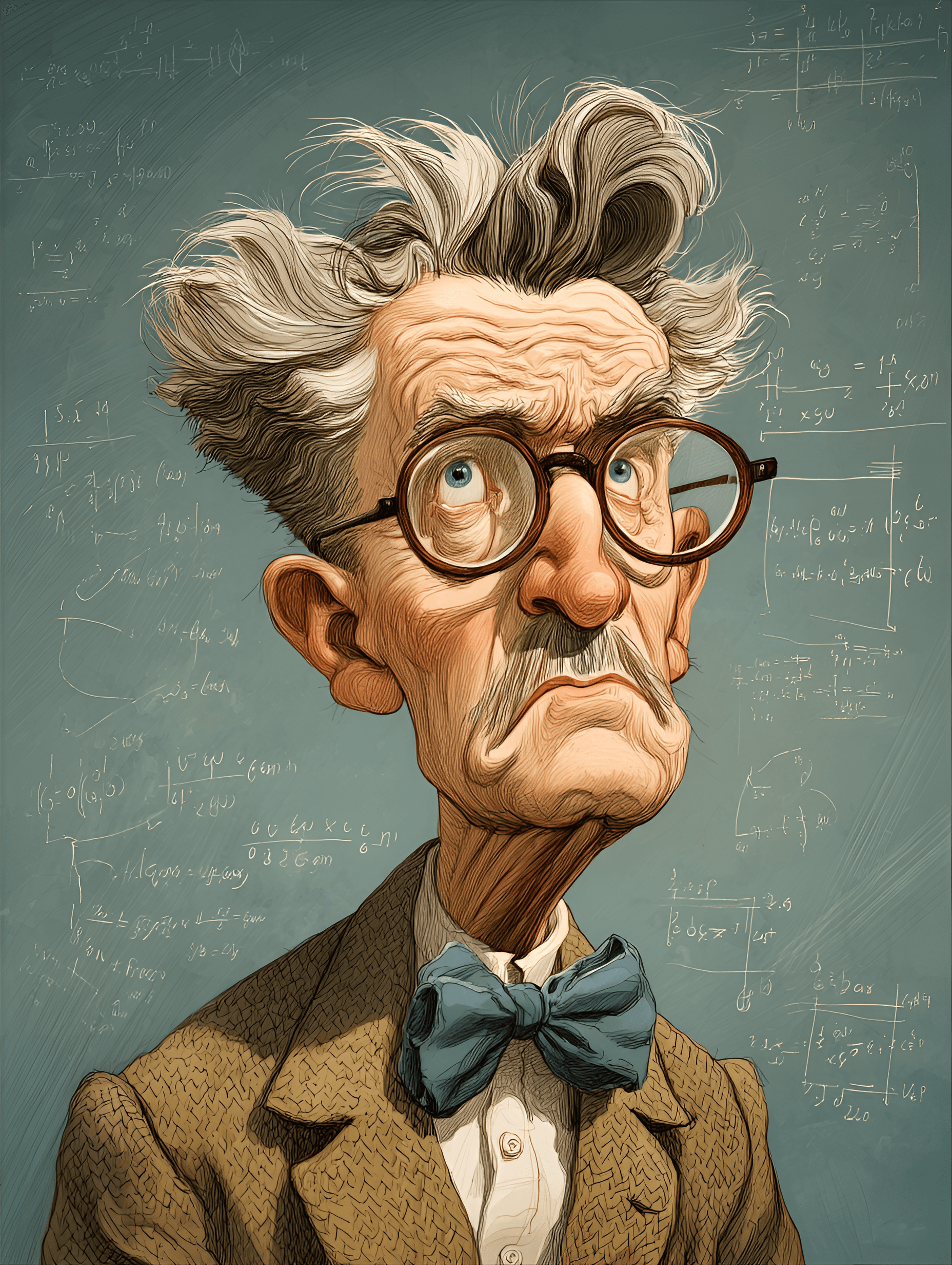 AI generated: funny caricature, absent-minded professor caricature, elderly european male, 60 years old, oversized...