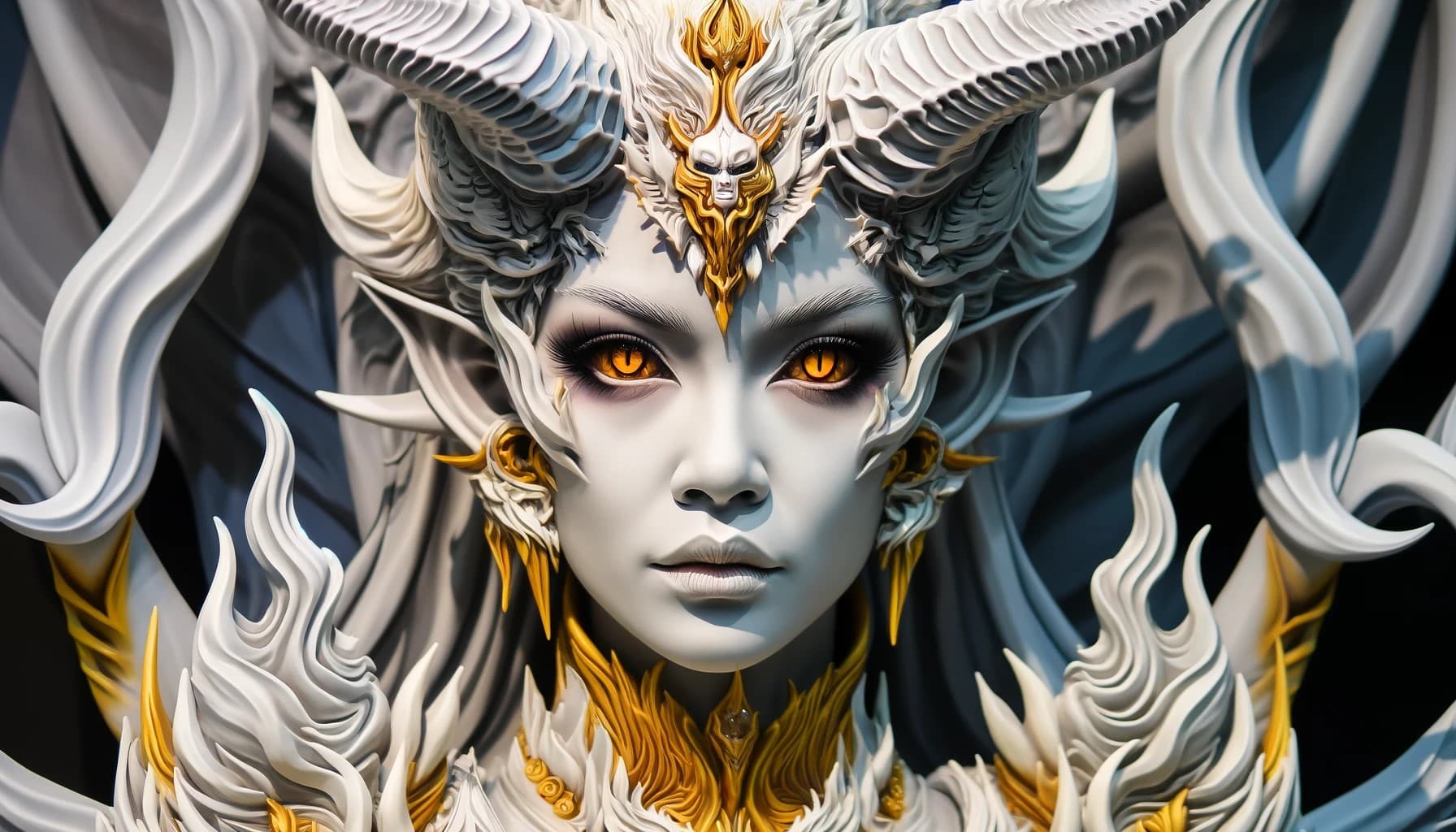AI generated: the face of a woman dressed in demon attire, in the style of light gray and light gold, vibrant illu...
