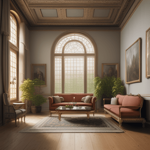 AI generated: High resolution photography interior design, dreamy castle interior living room, wooden floor, small...