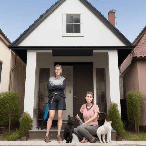 AI generated: house with person in front with a dog and a cat next to them