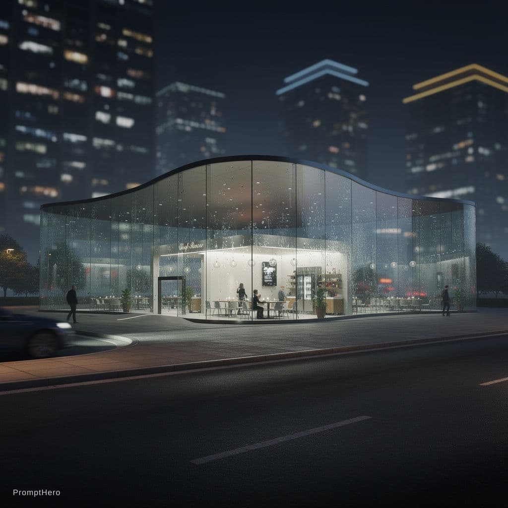 AI generated: modern minimalist architecture, contemporary pavilion design, symmetrical curved structure, panorami...