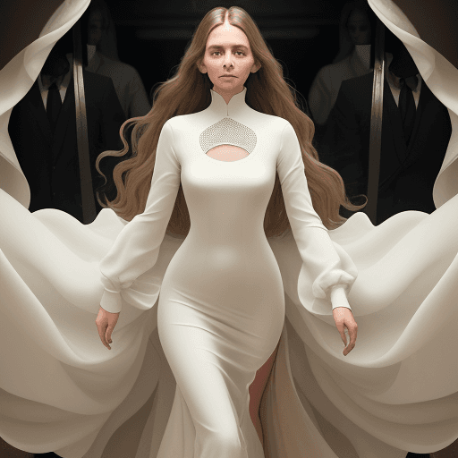 AI generated: The image is a full-length portrait of a woman in a flowing cream dress. The dress features a high n...