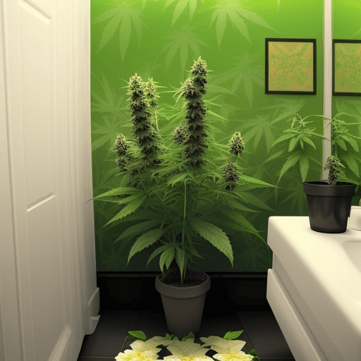 AI generated: a colorfoul flower of marijuana in a little bathroom with a lot of plants of marijuana