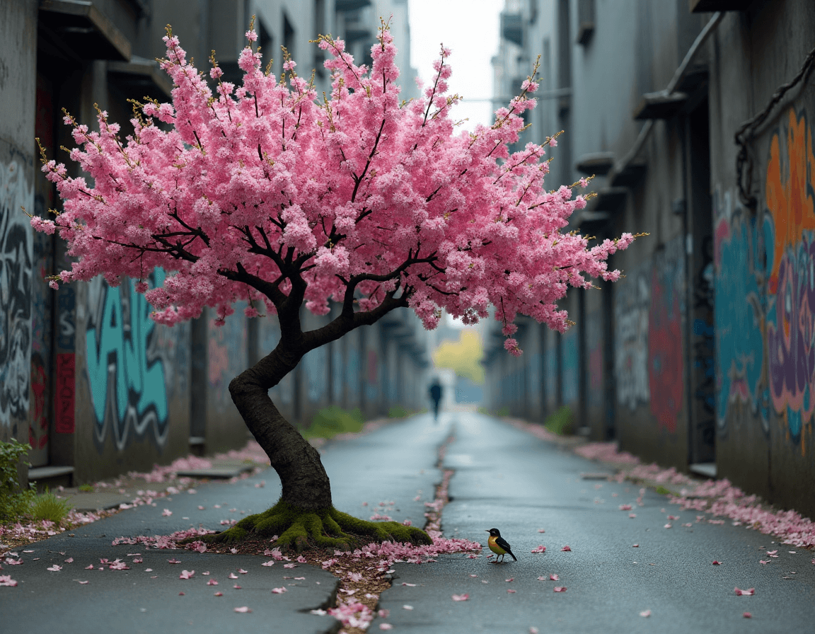 AI generated: Create an image that juxtaposes the delicate beauty of nature with the harsh reality of urban decay....