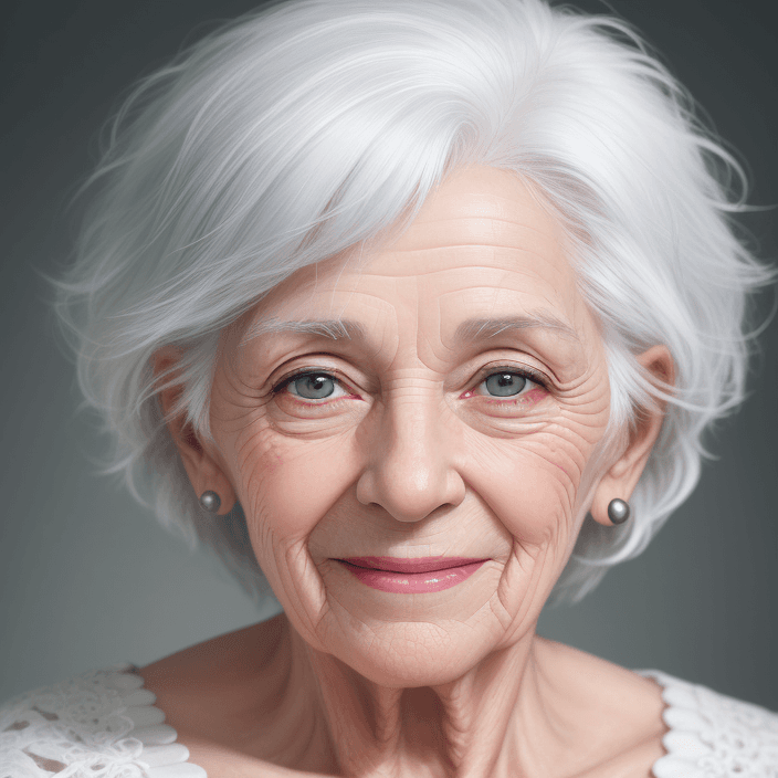 AI generated: RAW photo, portrait of a 80 years old woman, white hair, happy, detailed textures, deep skin pores, ...