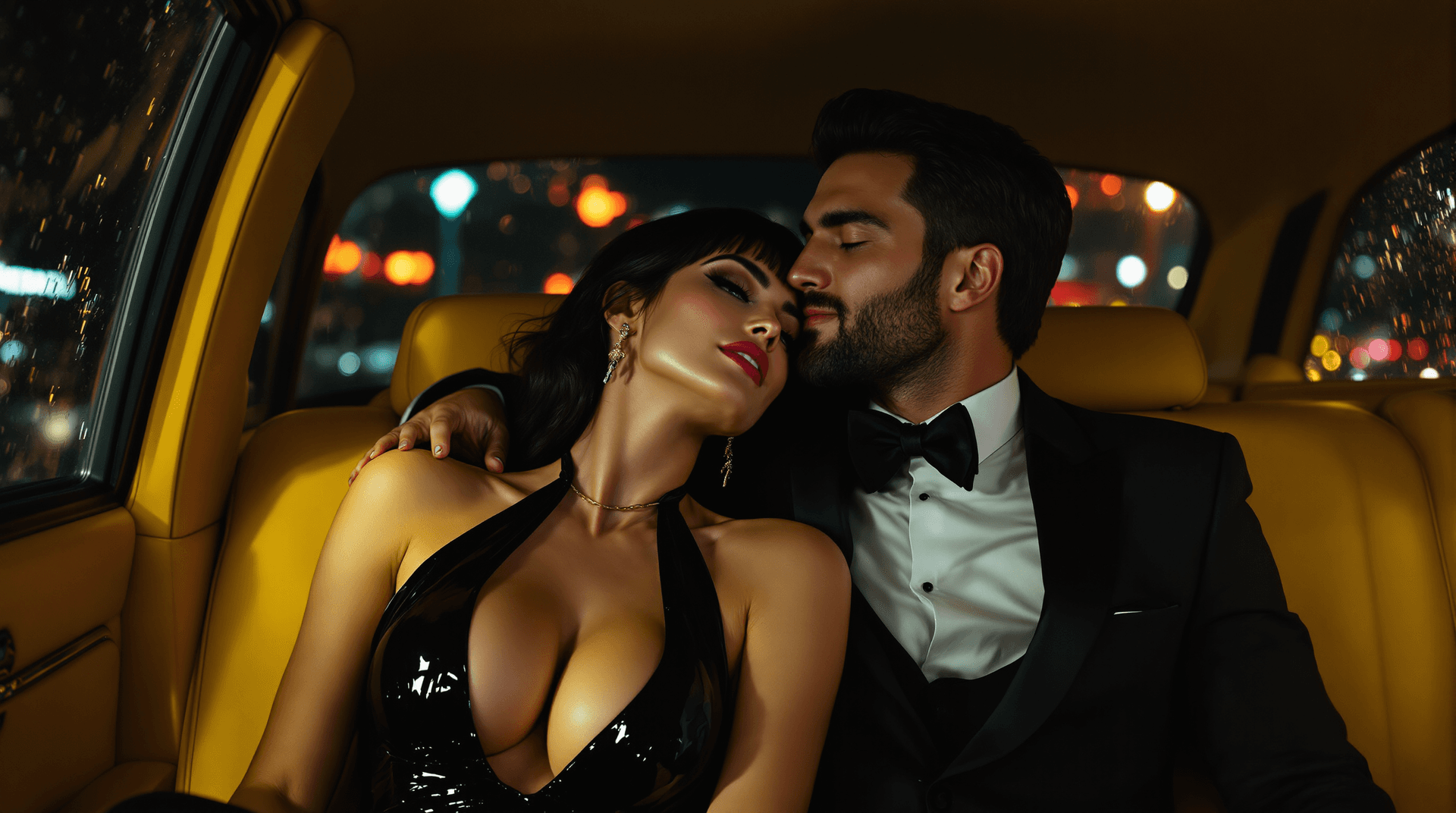 AI generated: Interior of a yellow cab at night. A Caucasian couple (Lilith and Jon) in the back seat. Lilith (plu...