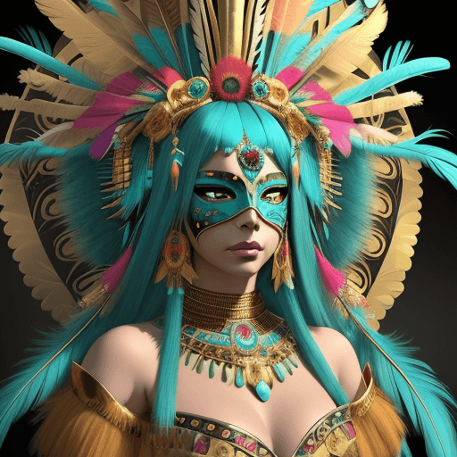 AI generated: beauty woman wearing an exotic feather and flower headdress with turquoise feathers, in the style of...