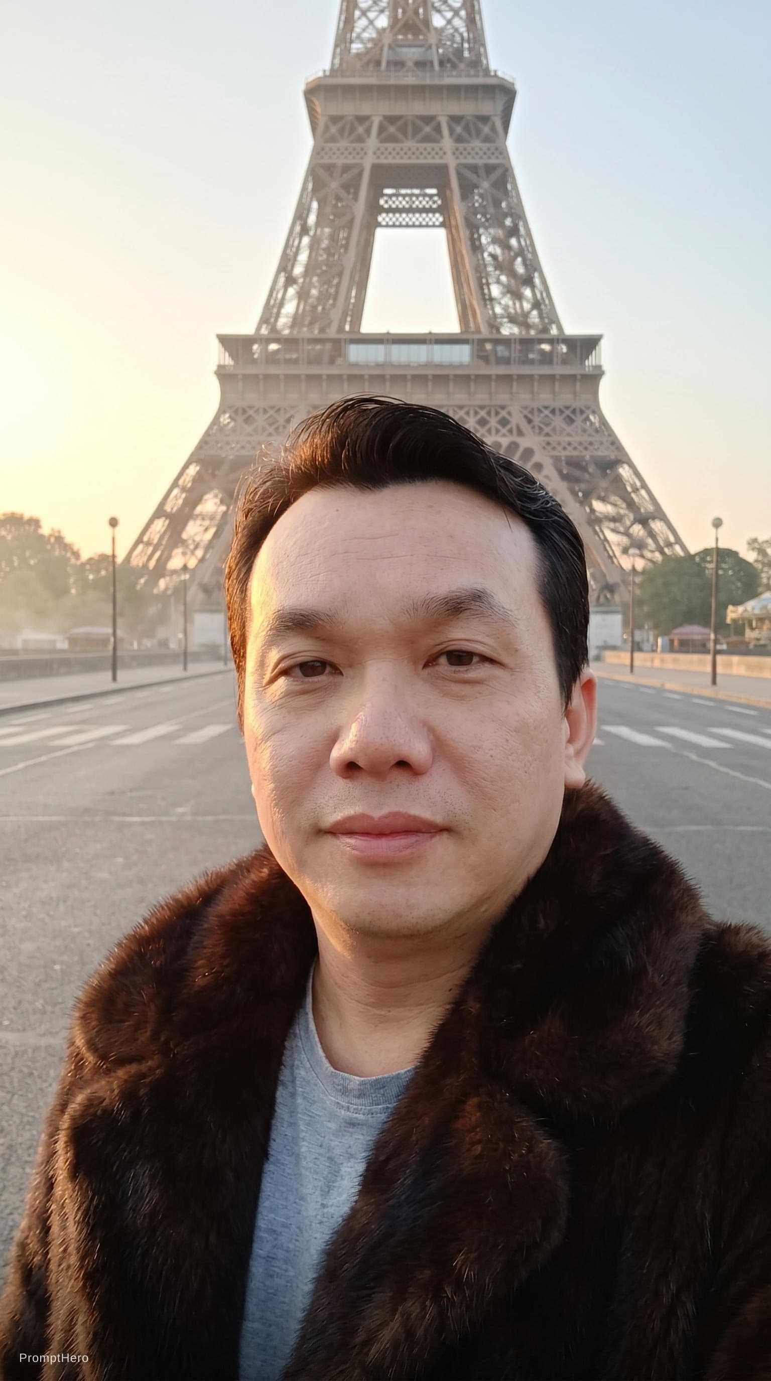 AI generated: A selfie of me, wearing an elegant fur coat, standing in front of the Eiffel Tower at sunrise. . The...