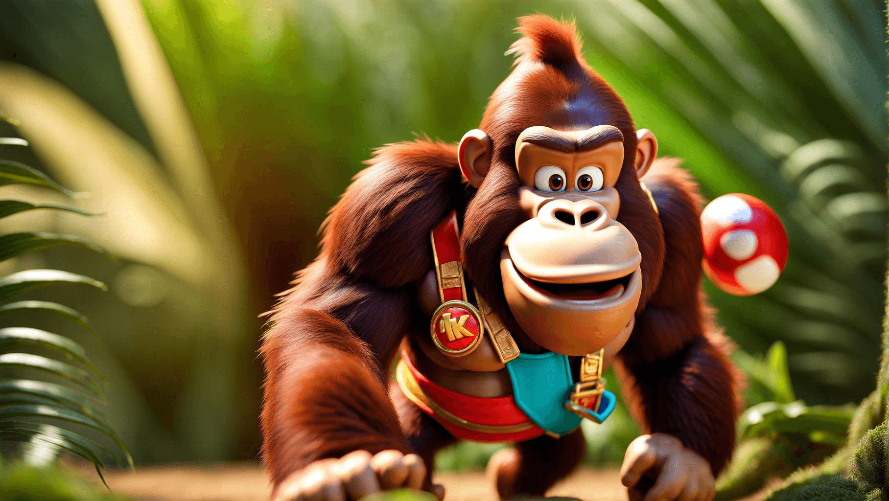 AI generated: Donkey Kong, from Nintendo Donkey Kong game, 4k photo, tiny, body furry, running in cartoony forest ...