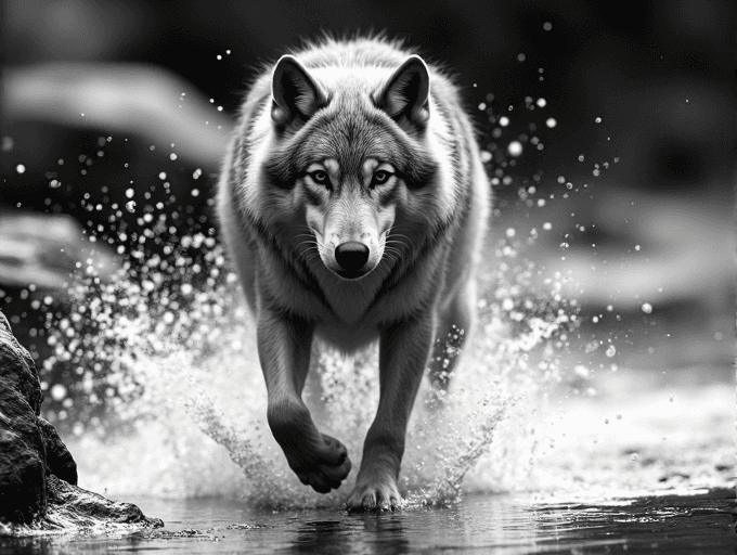 AI generated: create a highly detailed digital illustrated black and white photograph, close-up of a wolf running ...