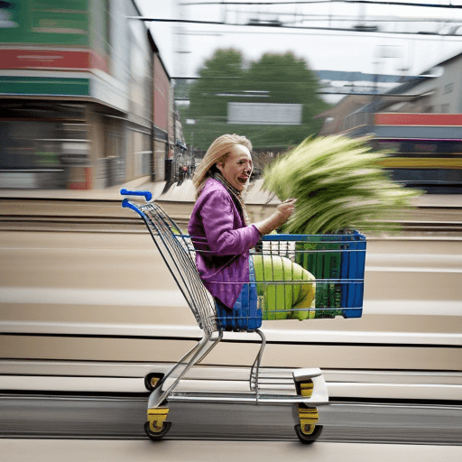 AI generated: An exhilarating scene of a person sitting in a shopping cart, hurtling down train tracks at high spe...