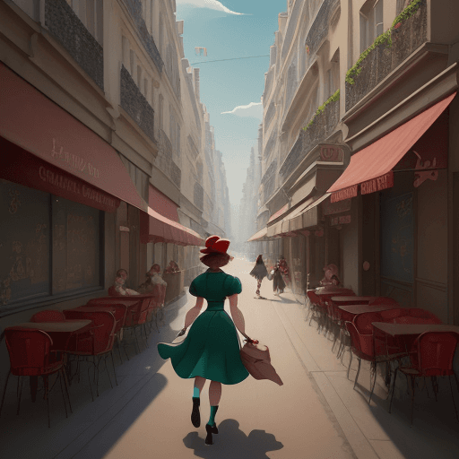 AI generated: an illustration of a girl walking down a street, in the style of disney animation, pre-world war ii ...