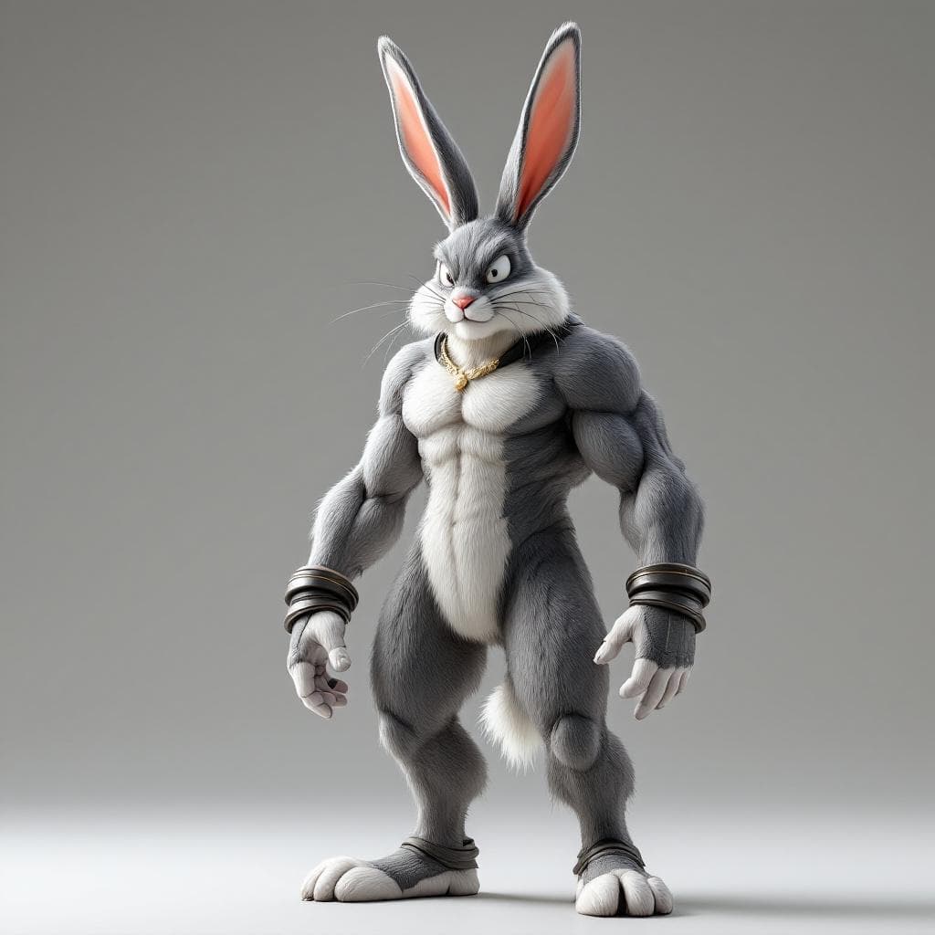 AI generated: Create a Bugs Bunny character that is nothing like Bugs Bunny. He is Bugs reimagined.  A 6-foot-5 an...