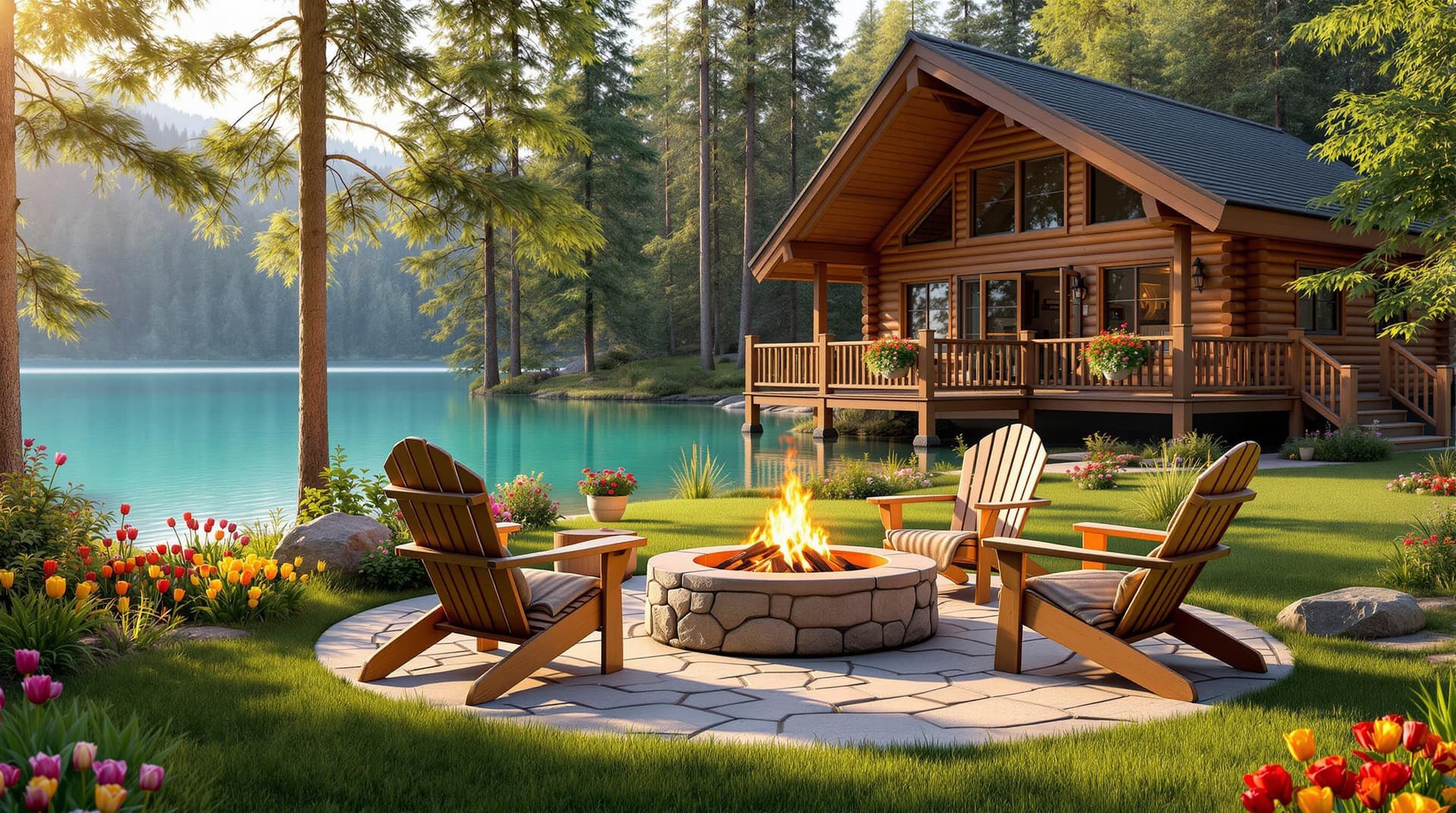 AI generated: Ultra-detailed 8K UHD scene of a peaceful lakeside cabin retreat in a lush pine forest. A cozy fire ...
