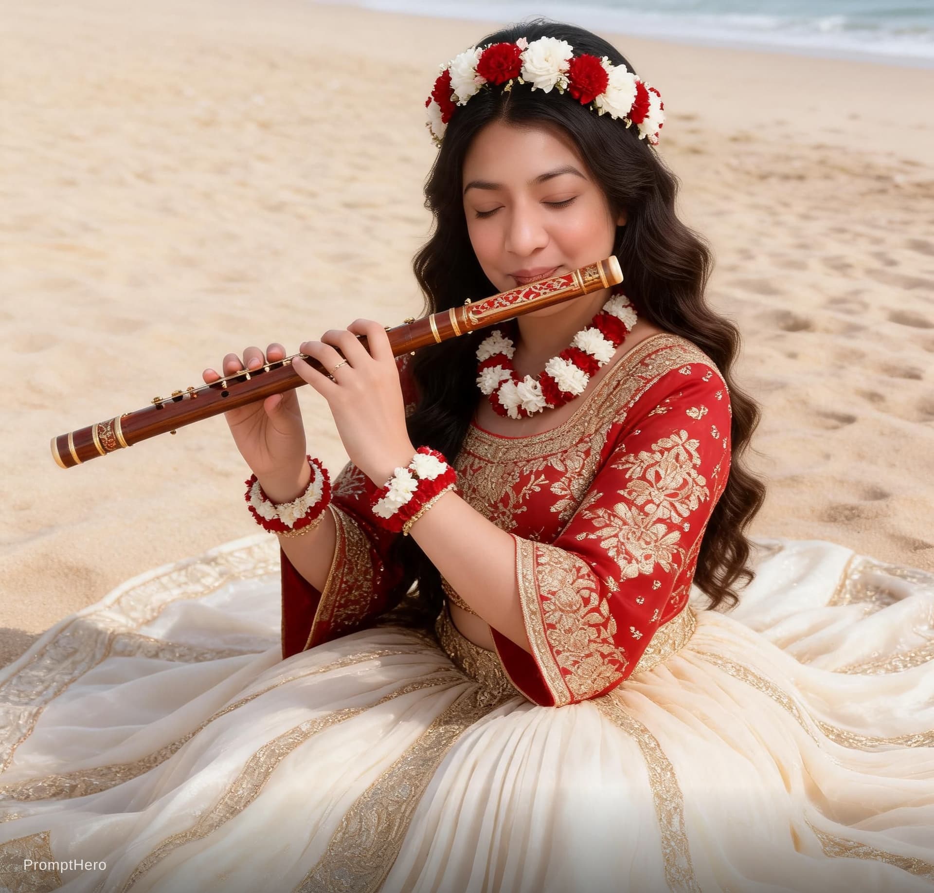 AI generated: She is playing a traditional wooden flute decorated with red and gold patterns, her eyes closed in a...
