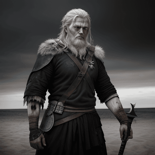 AI generated: Odin looks at the enemy, stands after the battle, fear and horror on his face, tired and beaten, san...