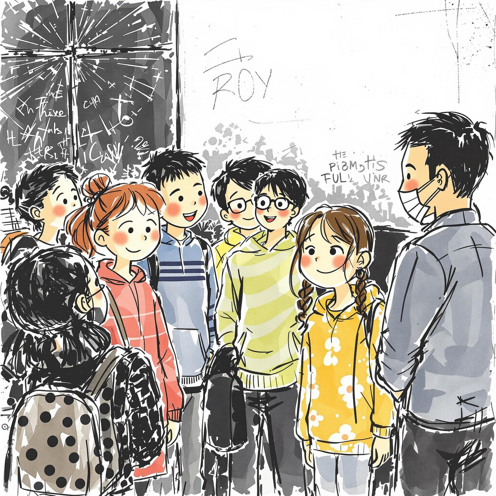 AI generated:  un dibujo de un grupo de niños y niñas de 12 años que se presentan a un profesor
