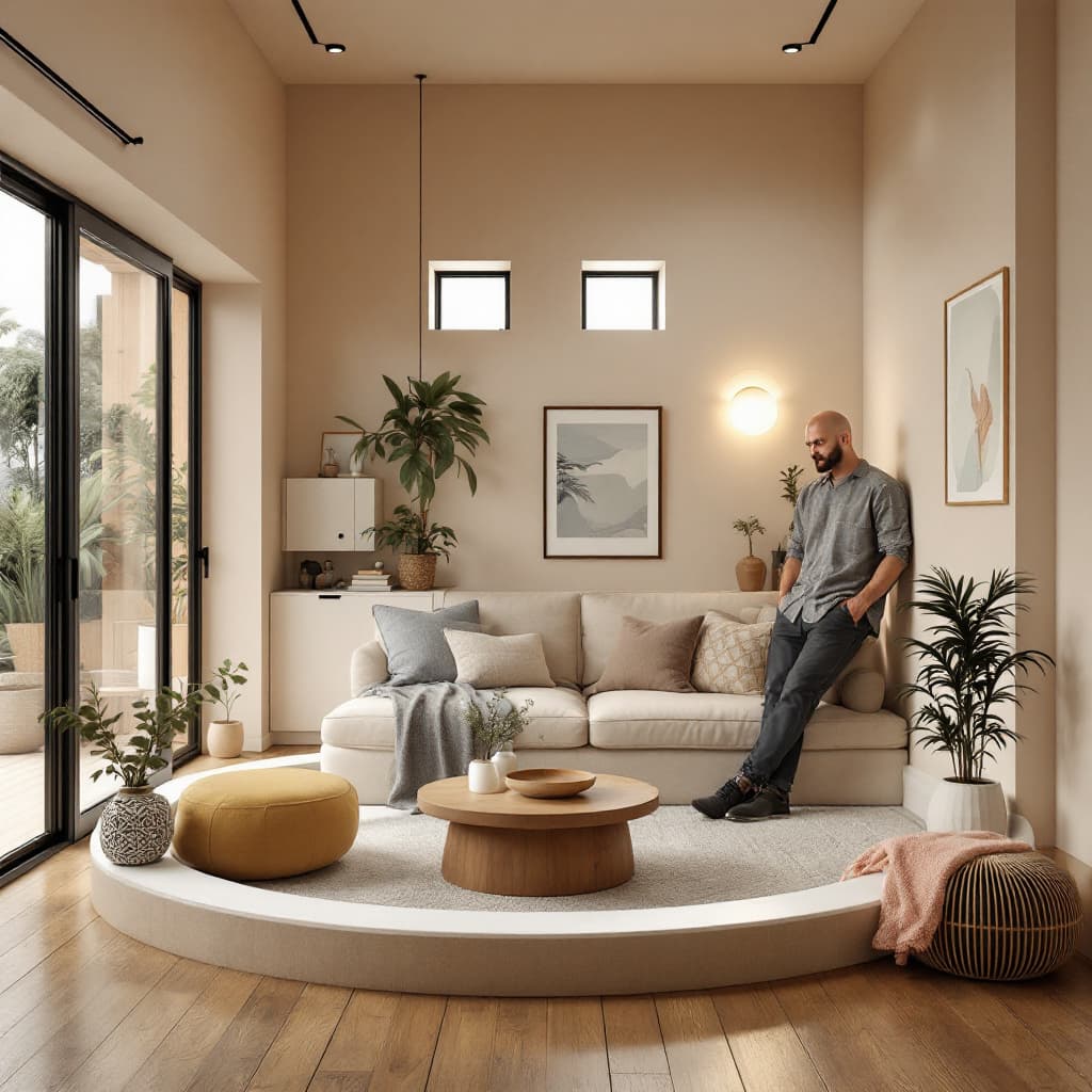 AI generated: High resolution photography interior design, dreamy sunken living room conversation pit, wooden floo...
