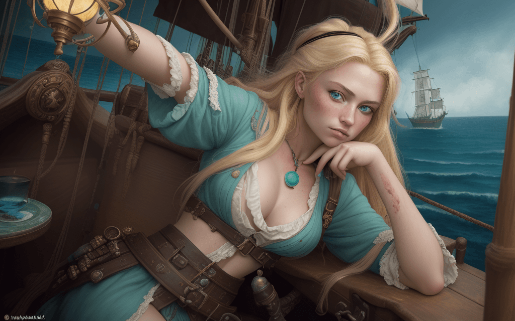 AI generated:  a stunning realistic photograph portrait of a beautiful blonde 20 year old woman, (aboard a pirate ...