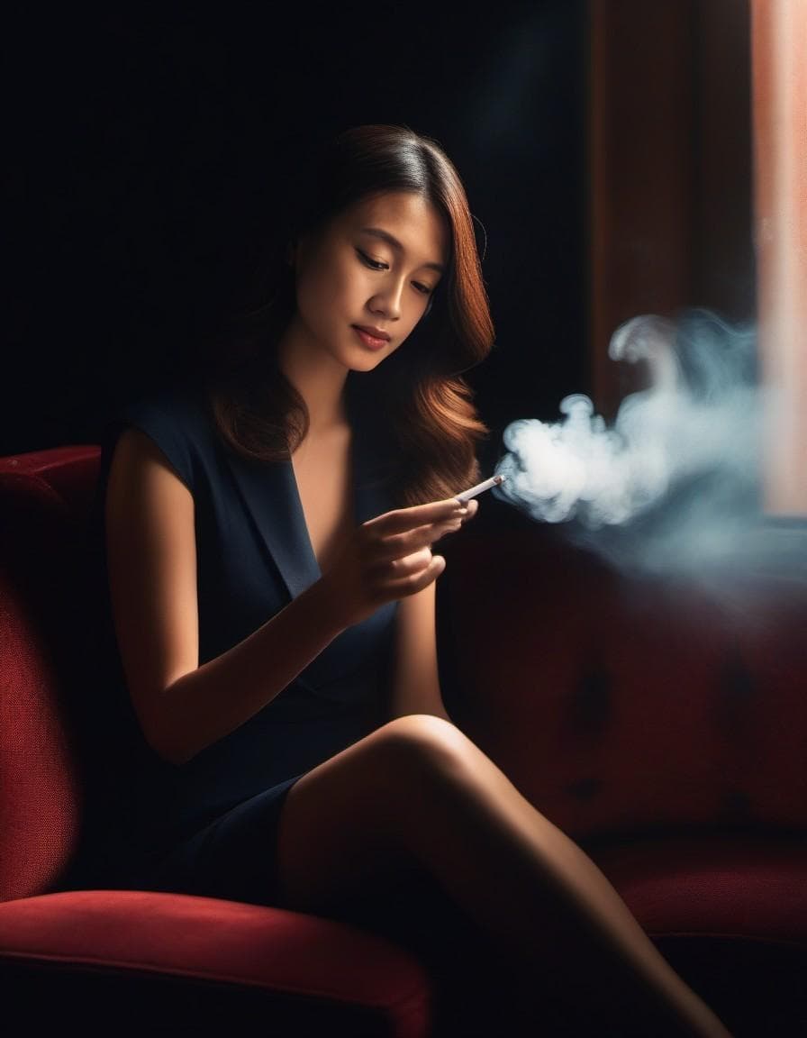 AI generated: photography, dimly lit room with a hazy atmosphere, capturing a female figure lounging on a deep cri...