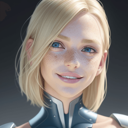 AI generated: blonde hair, shoulder-length hair, fair skin, blue eyes, freckles, medium-thick lips, regular face s...