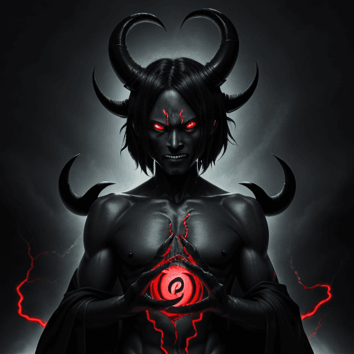 AI generated: Picture an imposing anime demon with jet-black skin, sharp crimson eyes that gleam with malevolence,...