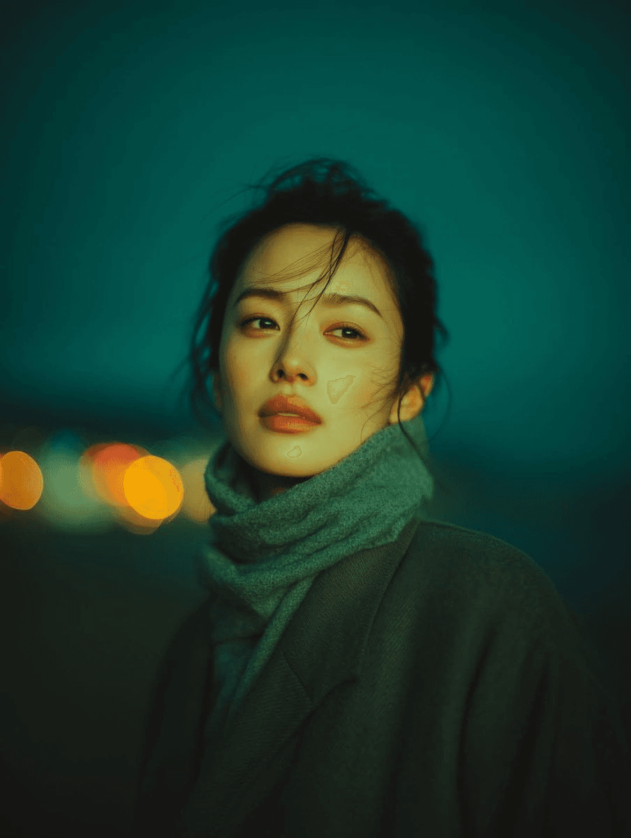 AI generated: A cinematic night-time portrait of a young woman standing outdoors, softly lit by ambient city light...