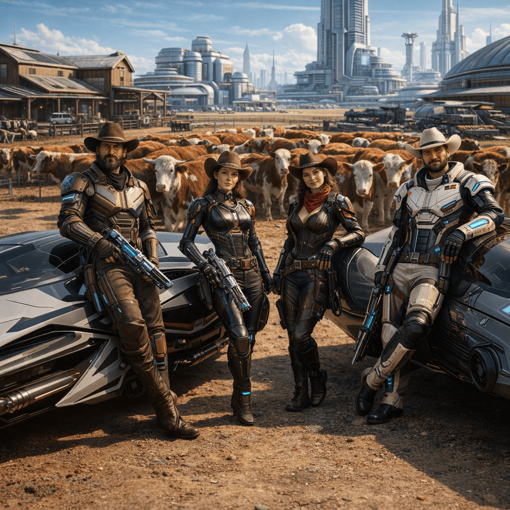 AI generated: Create an image of four futuristic, but different looking, Human Cowboys and Cowgirls, posing comfor...