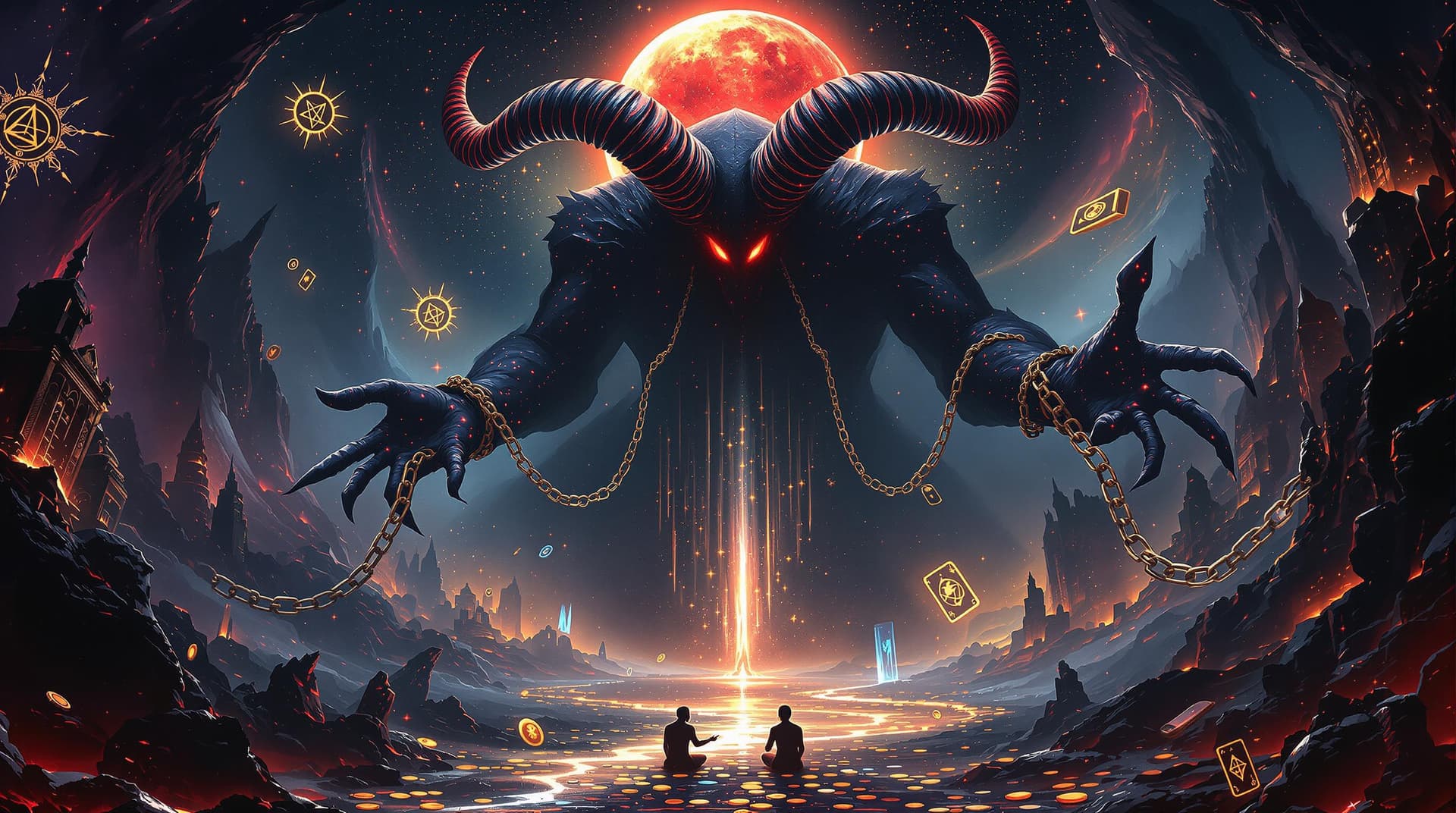 AI generated: A colossal, shadowy figure looms over a surreal, neon-lit underworld, its horns spiraling into infin...