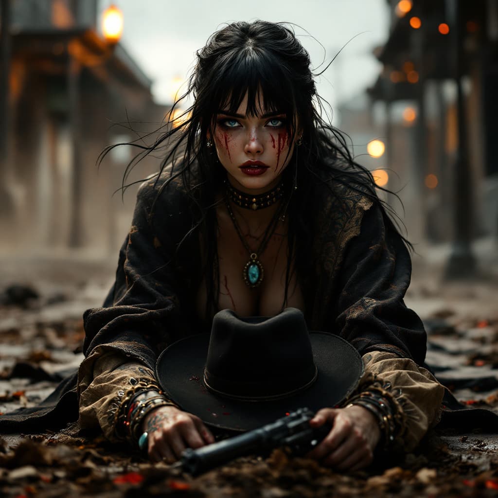 AI generated: HD hyper realistic zoomed out full body photo of beautiful, female gun slinger. She is staggering to...