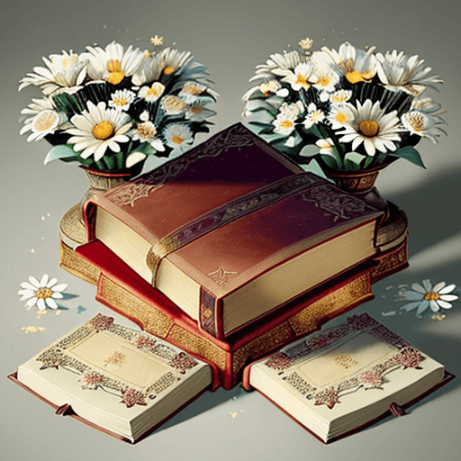 AI generated: Draw a beautiful and serene image of two ancient books adorned with floral arrangements. The books s...