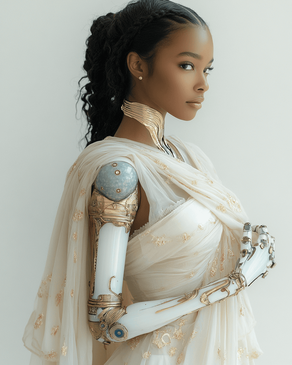 AI generated: A beautiful Black woman with a prosthetic arm made from porcelain, wrapped in sheer fabric like a gr...