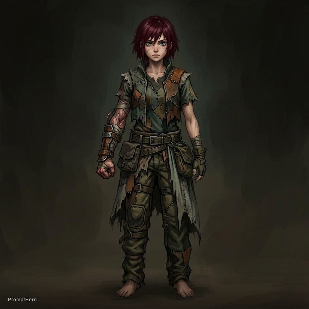 AI generated: (masterpiece, best quality, highly detailed), dark fantasy illustration, post-apocalyptic, young gir...