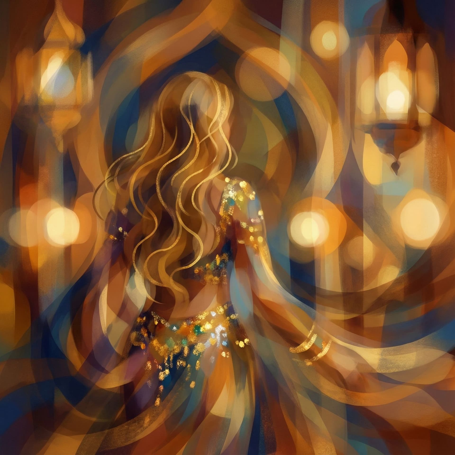 AI generated: Abstract style Rear view, a breathtaking curvy Arabian belly dancer with long, wavy blonde hair. She...