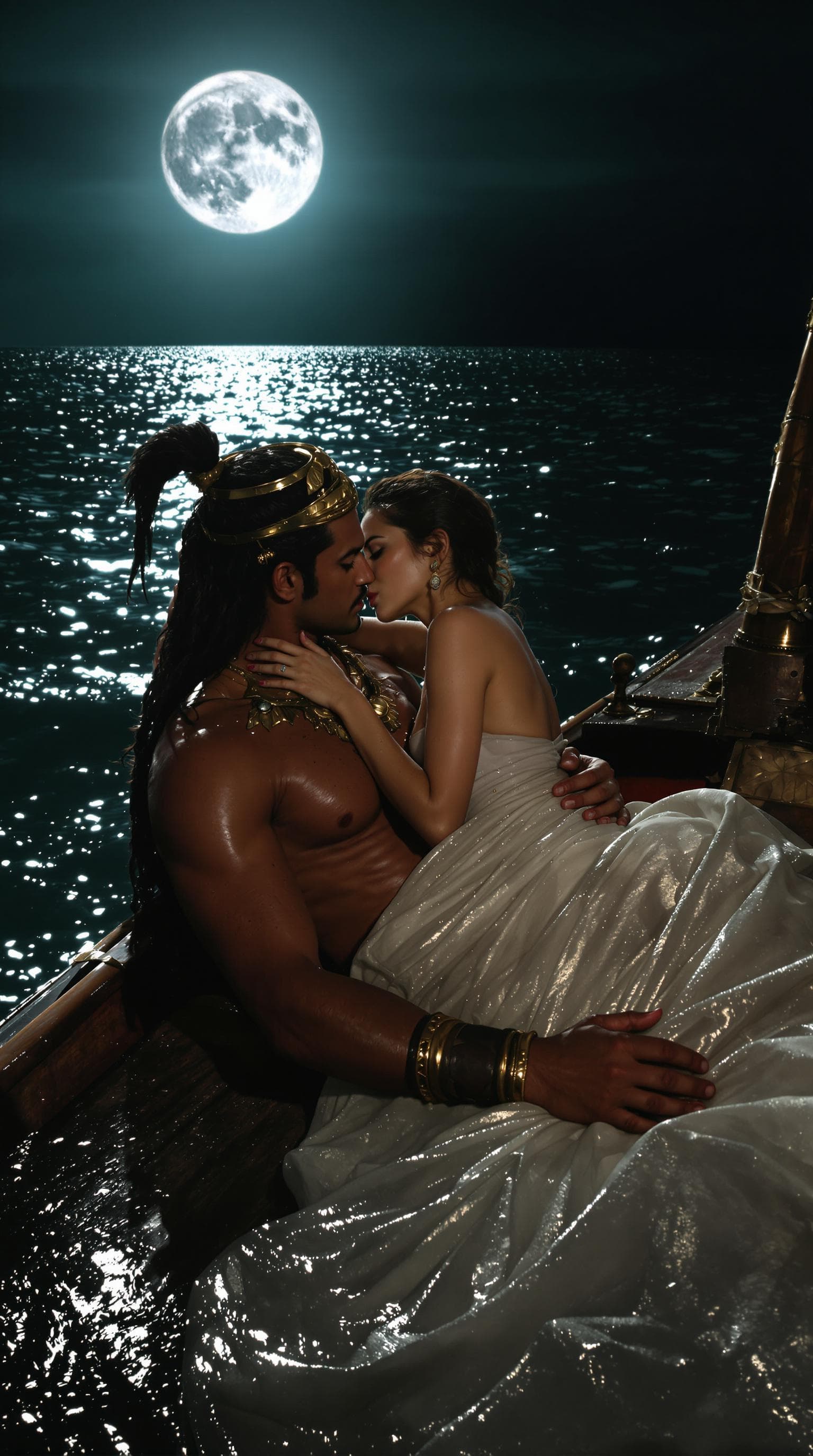 AI generated: Photo of a ultra realistic An ancient Indian king with a sculpted, bronzed chest reclines on a luxur...