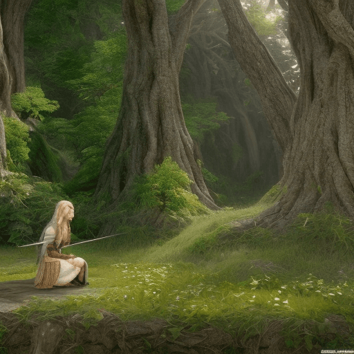 AI generated: female lord of the rings warrior elf sitting under a tree in Lothlórien, watching and expecting an i...